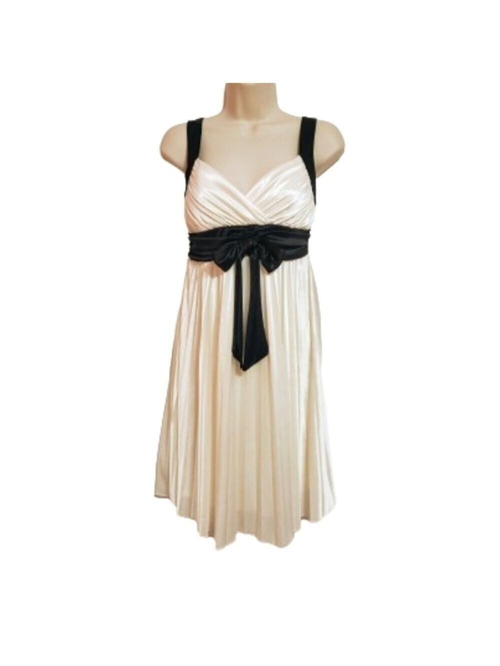 City Triangles Beige Black Bow Pleated Dress Medium